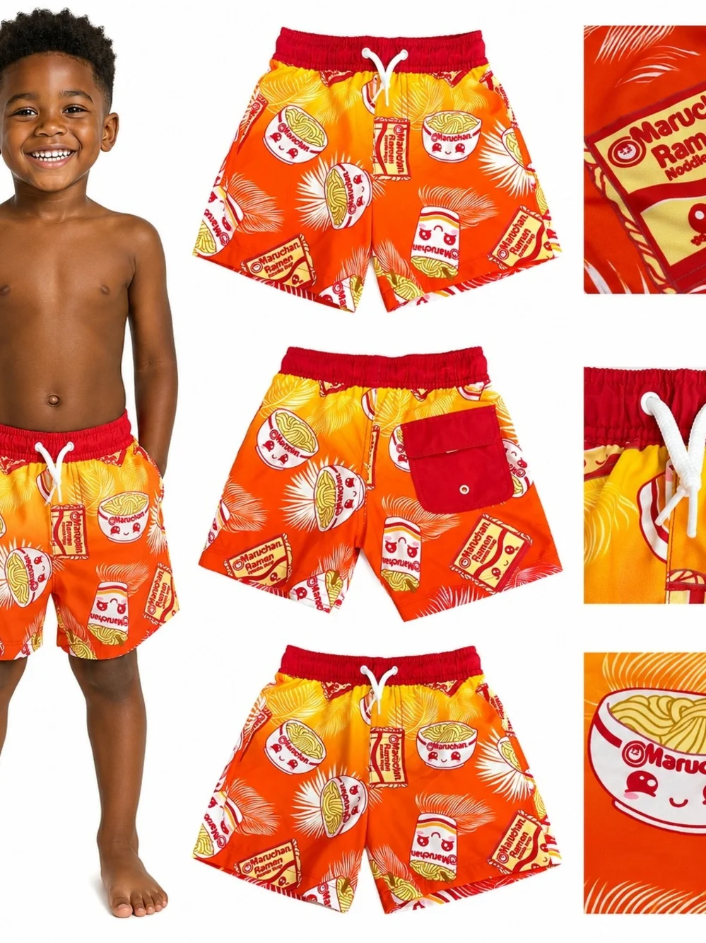 Bright Orange Boys Swim Trunks with Ramen Noodles Print - SIZE 5 NWT